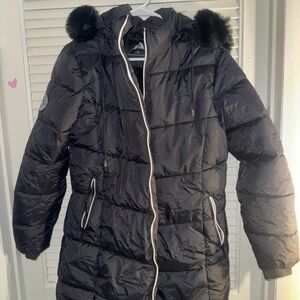 Black Long Puffer Coat w/ Faux Fur Hood Plush Lined Size S